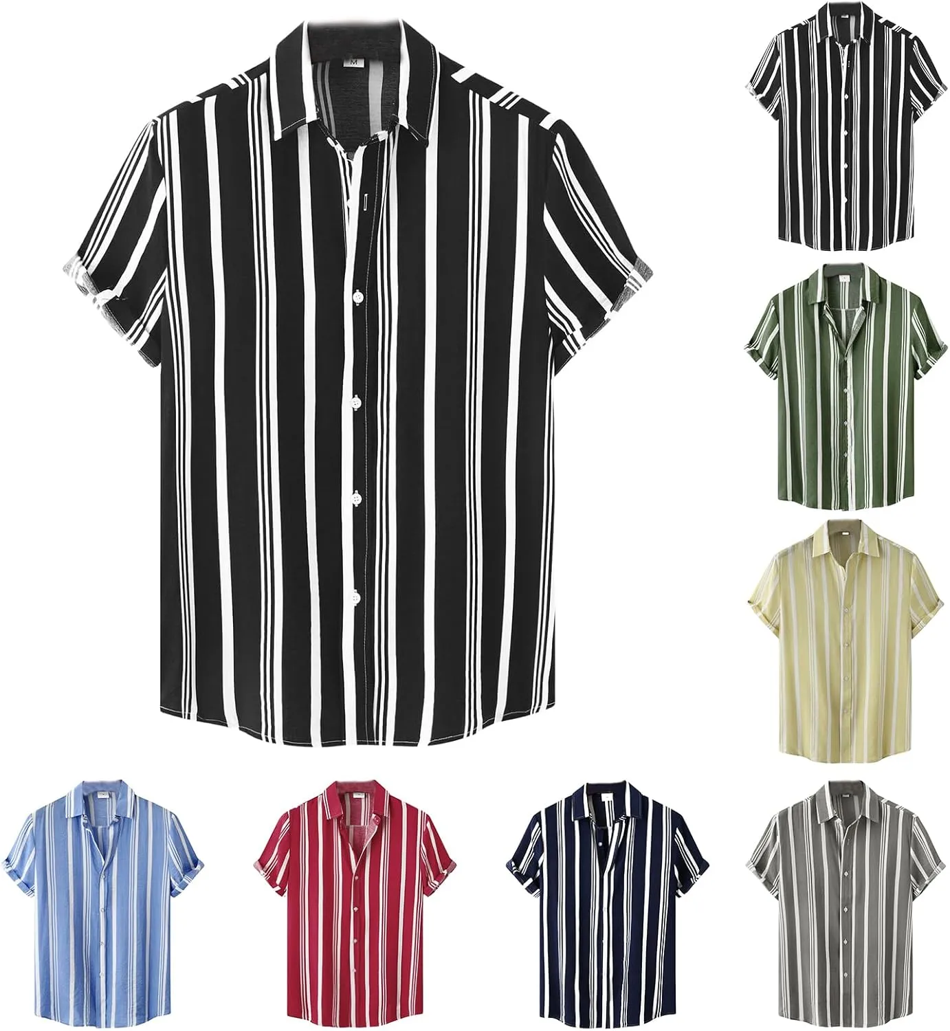 Classic Striped Shirt Men Short Sleeve Summer Shirts Casual Button Up Lightweight Tops for Beach Cotton Linen Shirts