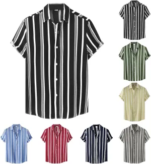 Classic Striped Shirt Men Short Sleeve Summer Shirts Casual Button Up Lightweight Tops for Beach Cotton Linen Shirts