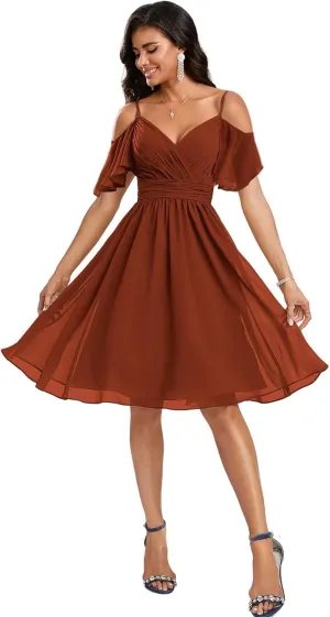 Cold Shoulder Bridesmaid Dresses 2025 Short Formal Dress for Women Chiffon Evening Gown with Sleeves