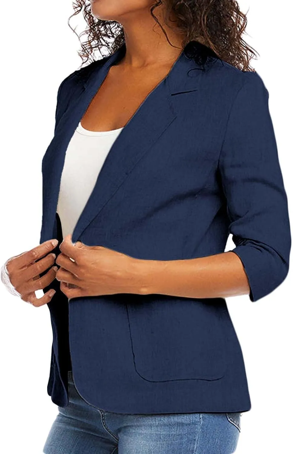 Cotton Linen Open Front Single Button Blazers for Women 3/4 Sleeve Casual Lapel Suit Jacket Solid Cardigan Blazer