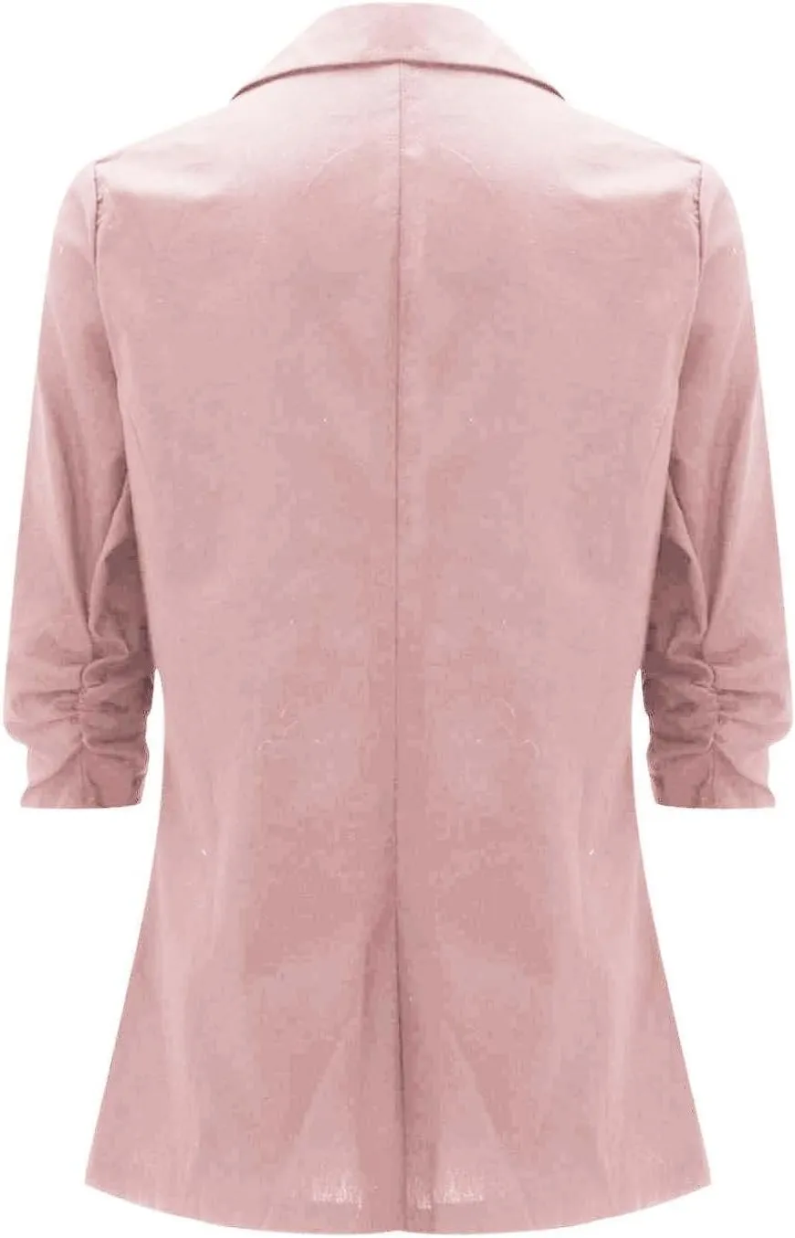 Cotton Linen Open Front Single Button Blazers for Women 3/4 Sleeve Casual Lapel Suit Jacket Solid Cardigan Blazer