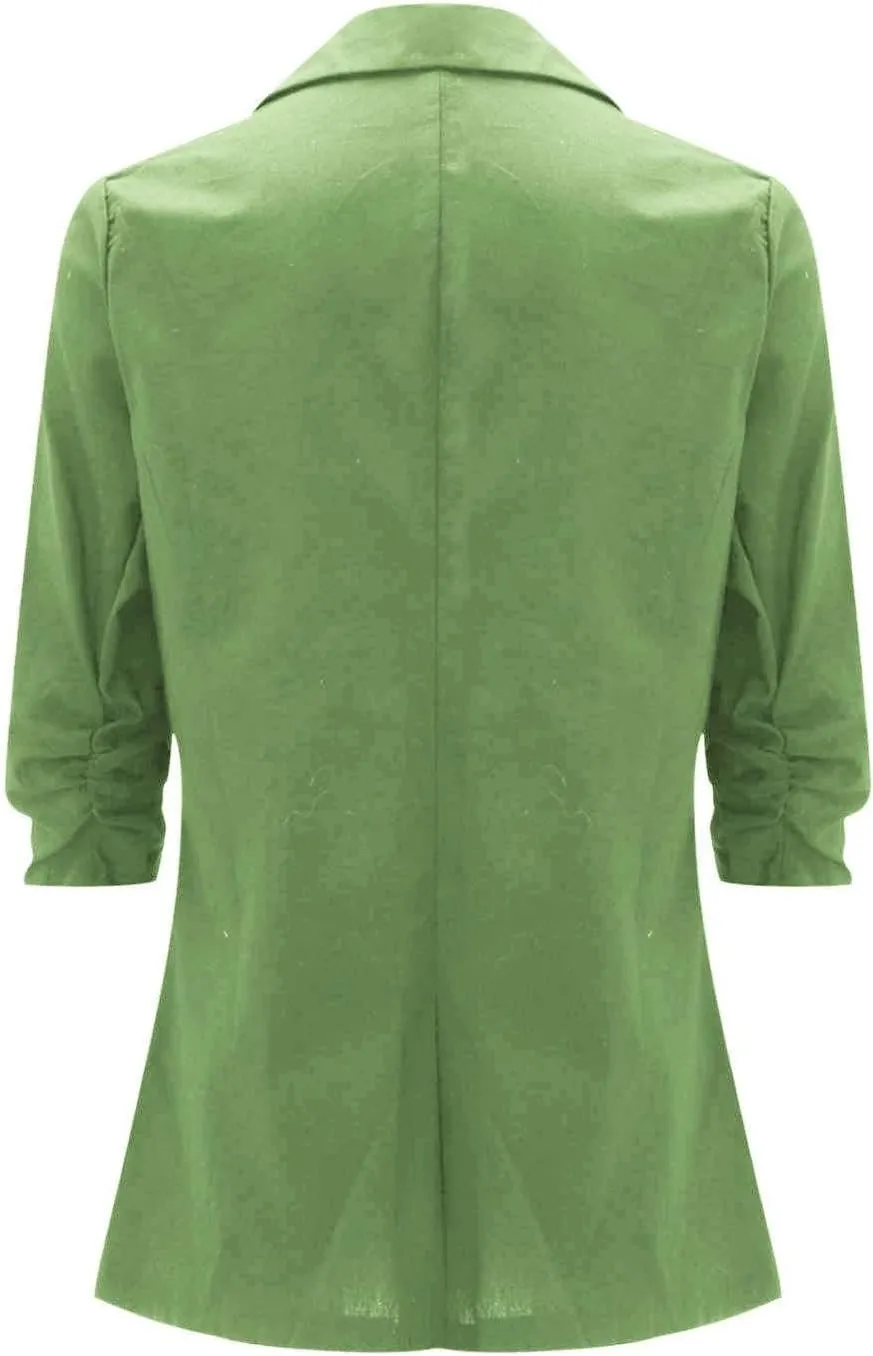 Cotton Linen Open Front Single Button Blazers for Women 3/4 Sleeve Casual Lapel Suit Jacket Solid Cardigan Blazer