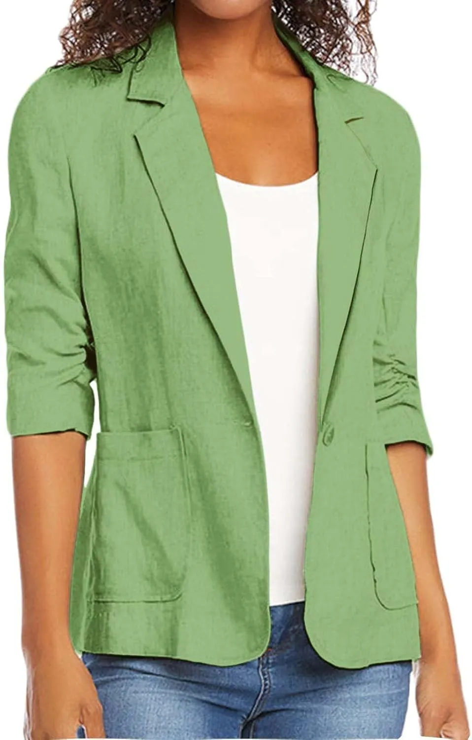 Cotton Linen Open Front Single Button Blazers for Women 3/4 Sleeve Casual Lapel Suit Jacket Solid Cardigan Blazer