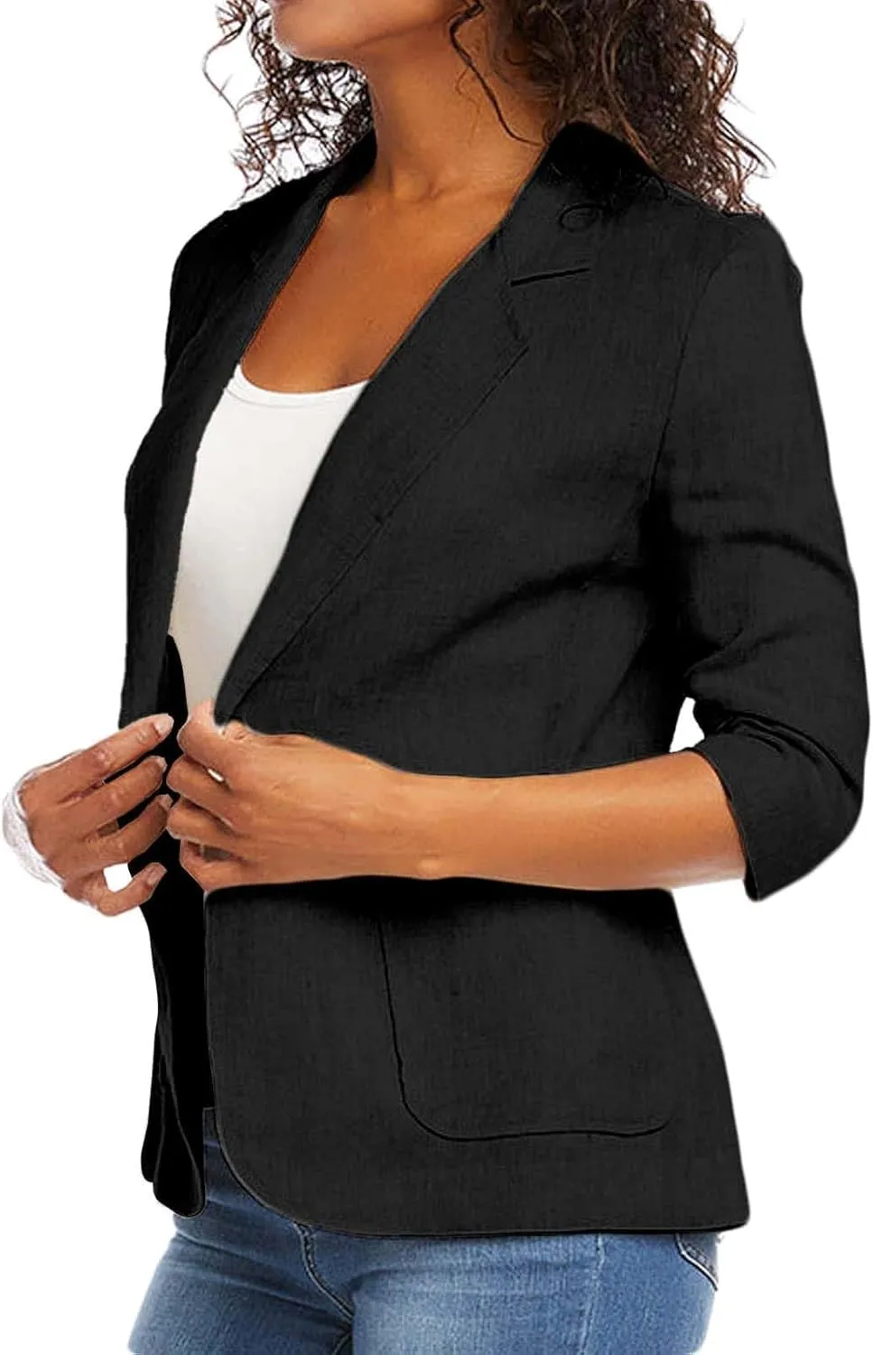 Cotton Linen Open Front Single Button Blazers for Women 3/4 Sleeve Casual Lapel Suit Jacket Solid Cardigan Blazer