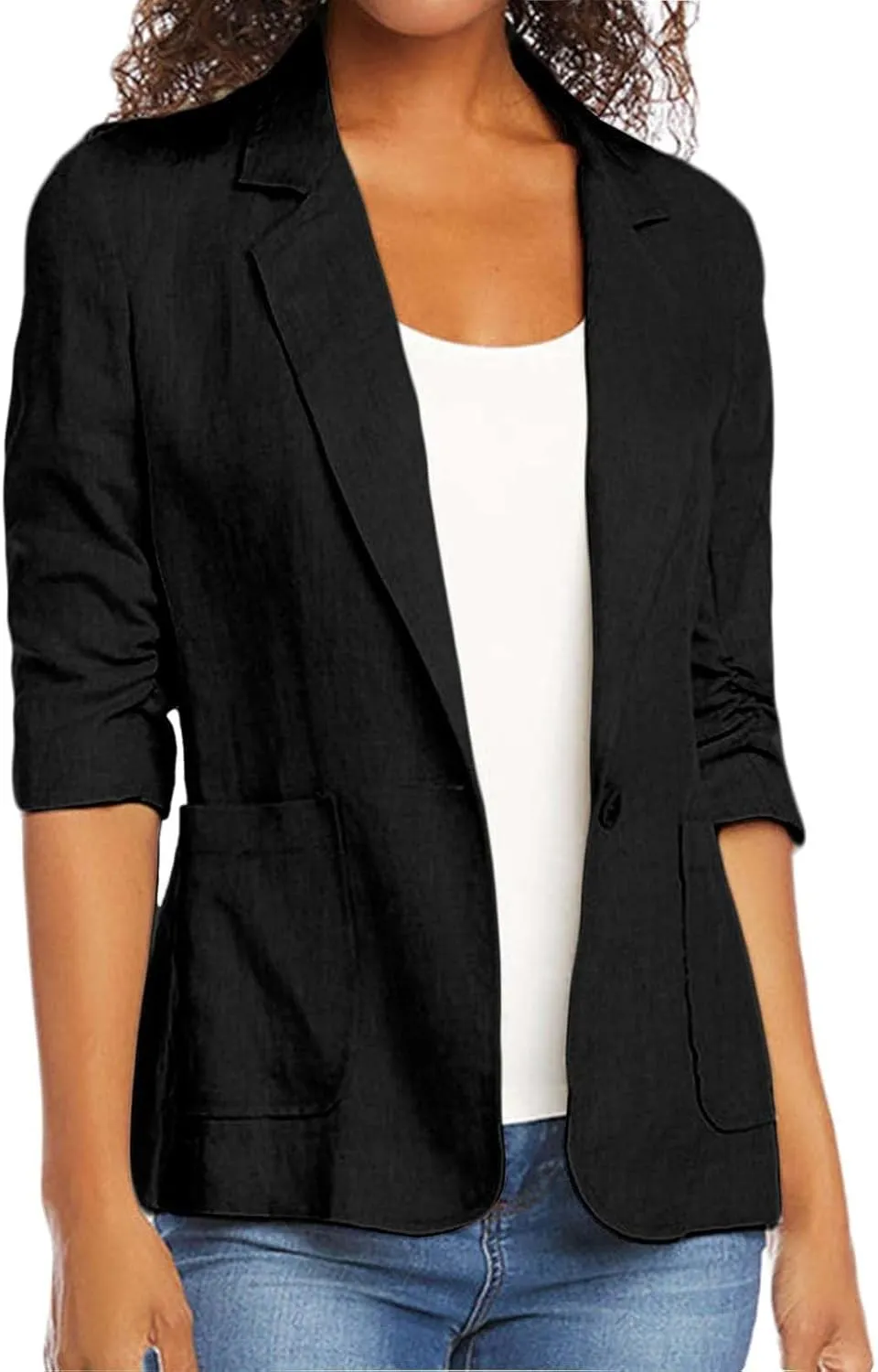 Cotton Linen Open Front Single Button Blazers for Women 3/4 Sleeve Casual Lapel Suit Jacket Solid Cardigan Blazer
