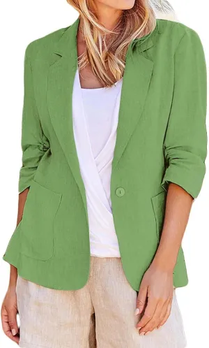 Cotton Linen Open Front Single Button Blazers for Women 3/4 Sleeve Casual Lapel Suit Jacket Solid Cardigan Blazer