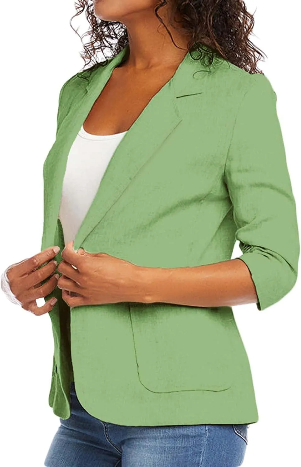 Cotton Linen Open Front Single Button Blazers for Women 3/4 Sleeve Casual Lapel Suit Jacket Solid Cardigan Blazer