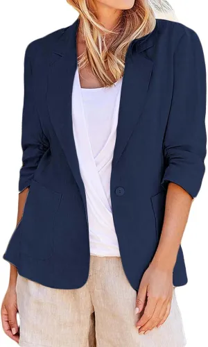 Cotton Linen Open Front Single Button Blazers for Women 3/4 Sleeve Casual Lapel Suit Jacket Solid Cardigan Blazer