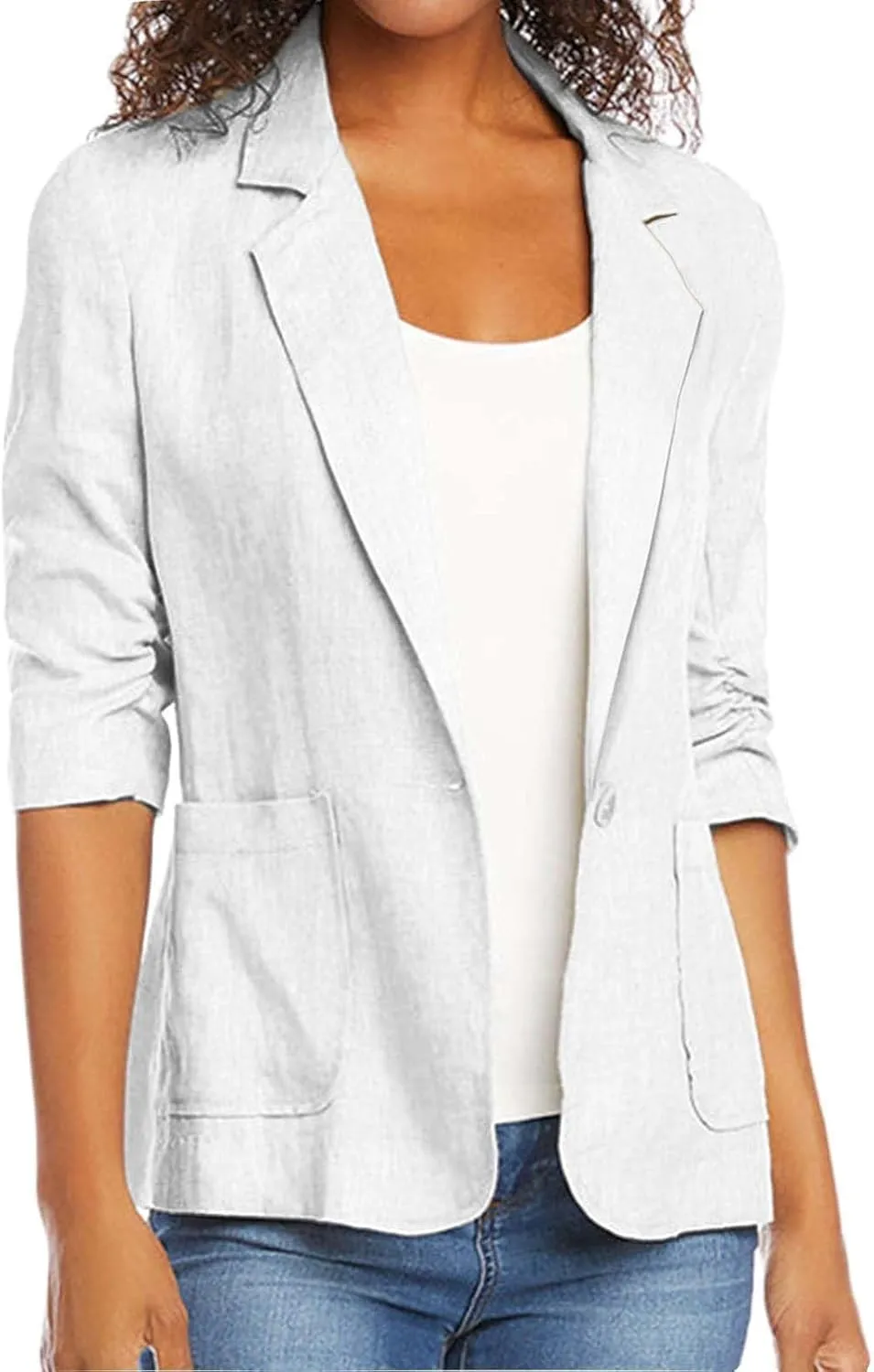 Cotton Linen Open Front Single Button Blazers for Women 3/4 Sleeve Casual Lapel Suit Jacket Solid Cardigan Blazer