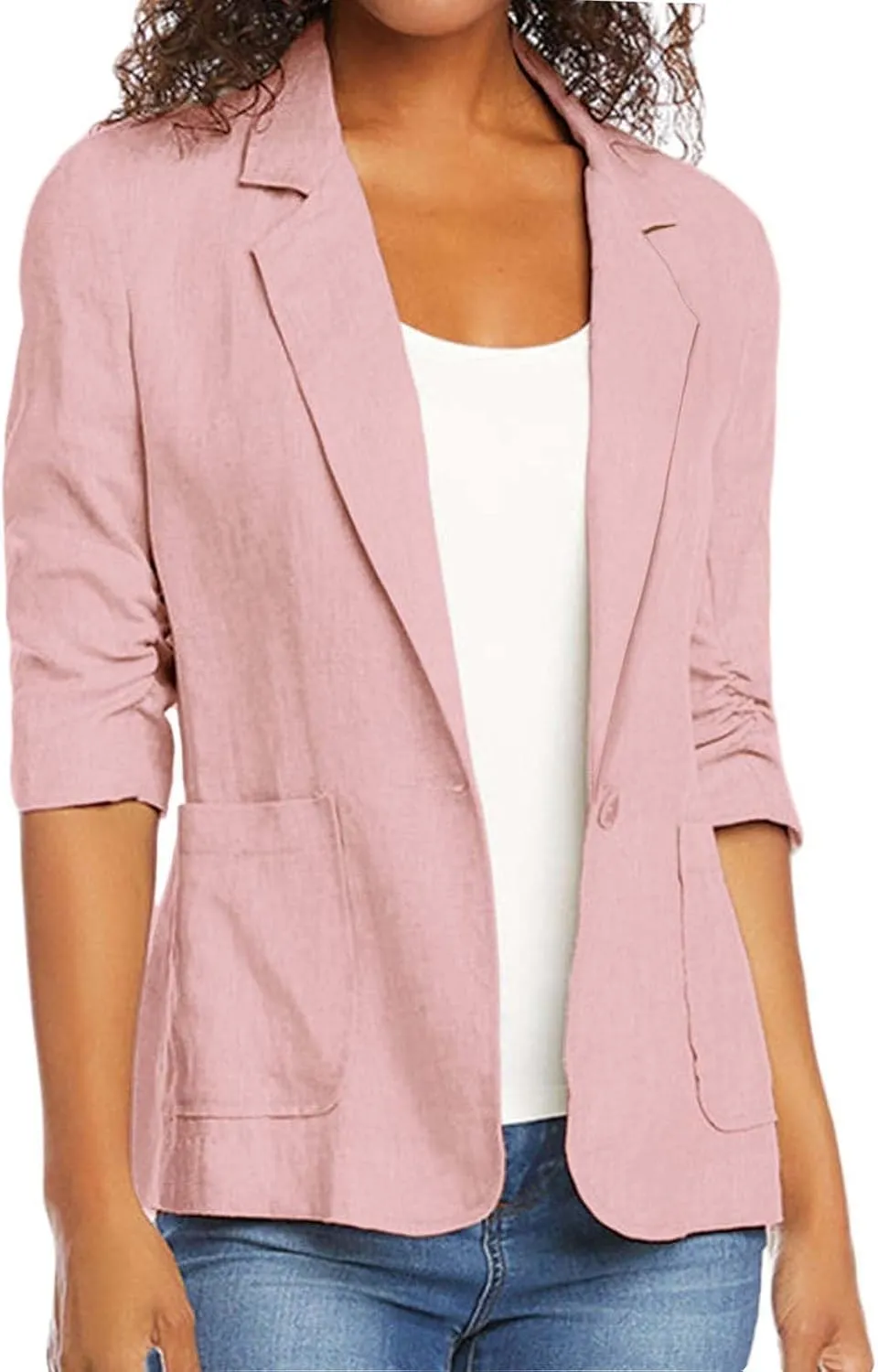 Cotton Linen Open Front Single Button Blazers for Women 3/4 Sleeve Casual Lapel Suit Jacket Solid Cardigan Blazer