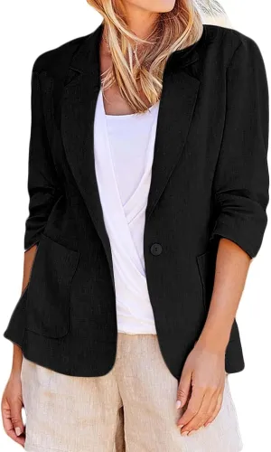 Cotton Linen Open Front Single Button Blazers for Women 3/4 Sleeve Casual Lapel Suit Jacket Solid Cardigan Blazer