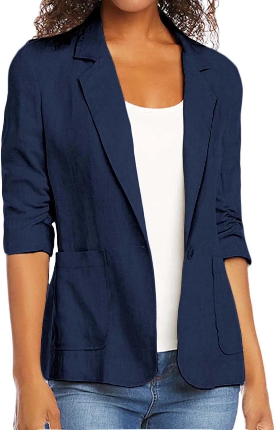 Cotton Linen Open Front Single Button Blazers for Women 3/4 Sleeve Casual Lapel Suit Jacket Solid Cardigan Blazer