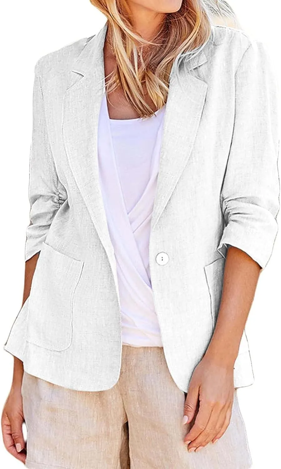 Cotton Linen Open Front Single Button Blazers for Women 3/4 Sleeve Casual Lapel Suit Jacket Solid Cardigan Blazer