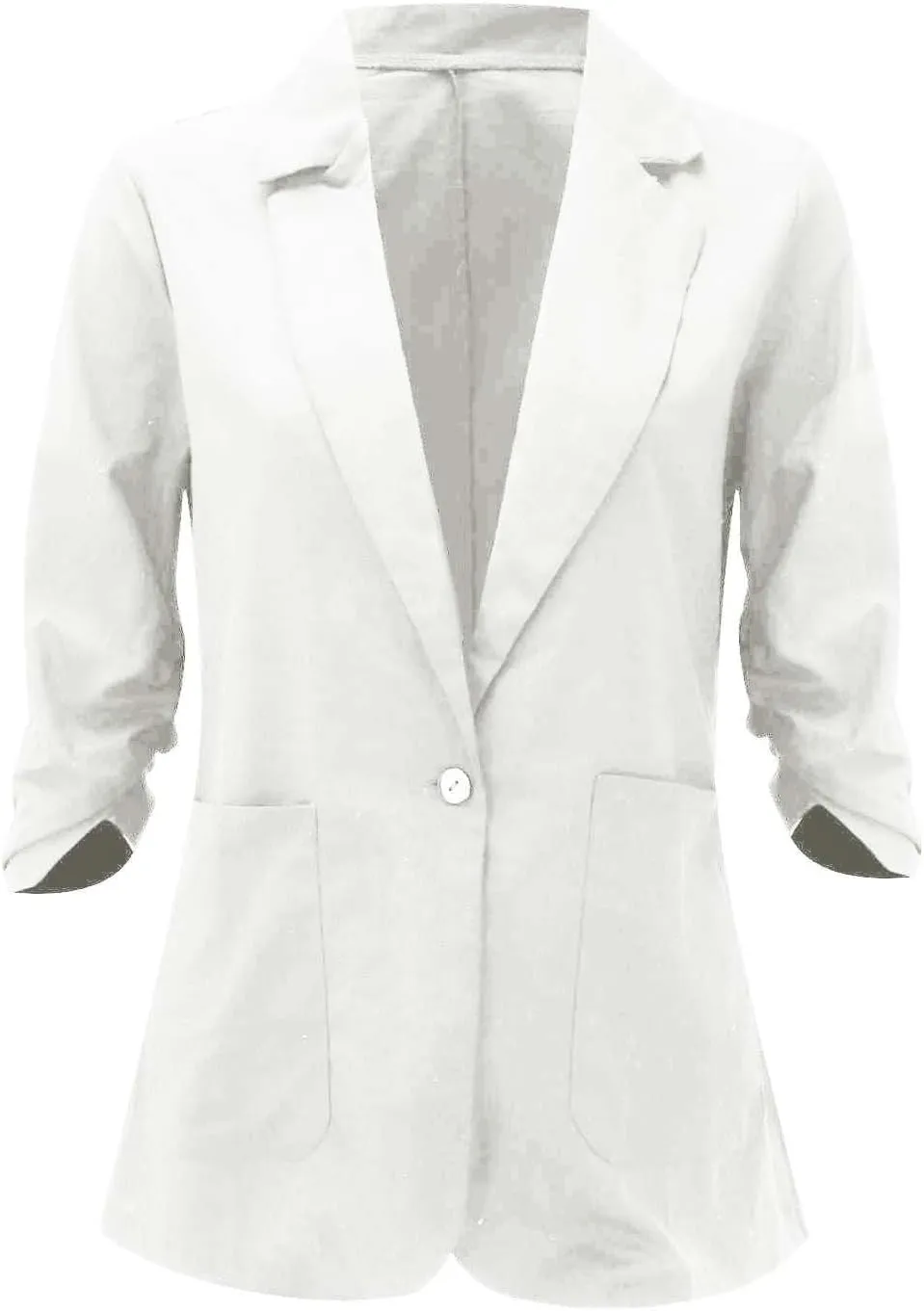 Cotton Linen Open Front Single Button Blazers for Women 3/4 Sleeve Casual Lapel Suit Jacket Solid Cardigan Blazer