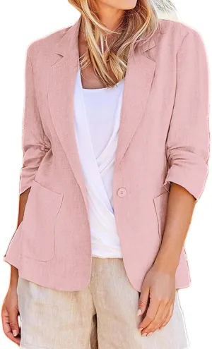 Cotton Linen Open Front Single Button Blazers for Women 3/4 Sleeve Casual Lapel Suit Jacket Solid Cardigan Blazer
