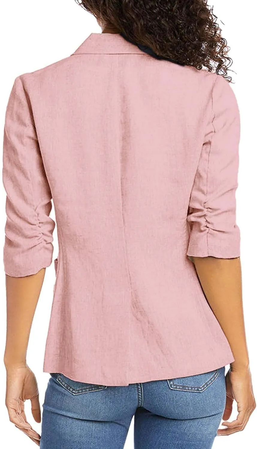 Cotton Linen Open Front Single Button Blazers for Women 3/4 Sleeve Casual Lapel Suit Jacket Solid Cardigan Blazer