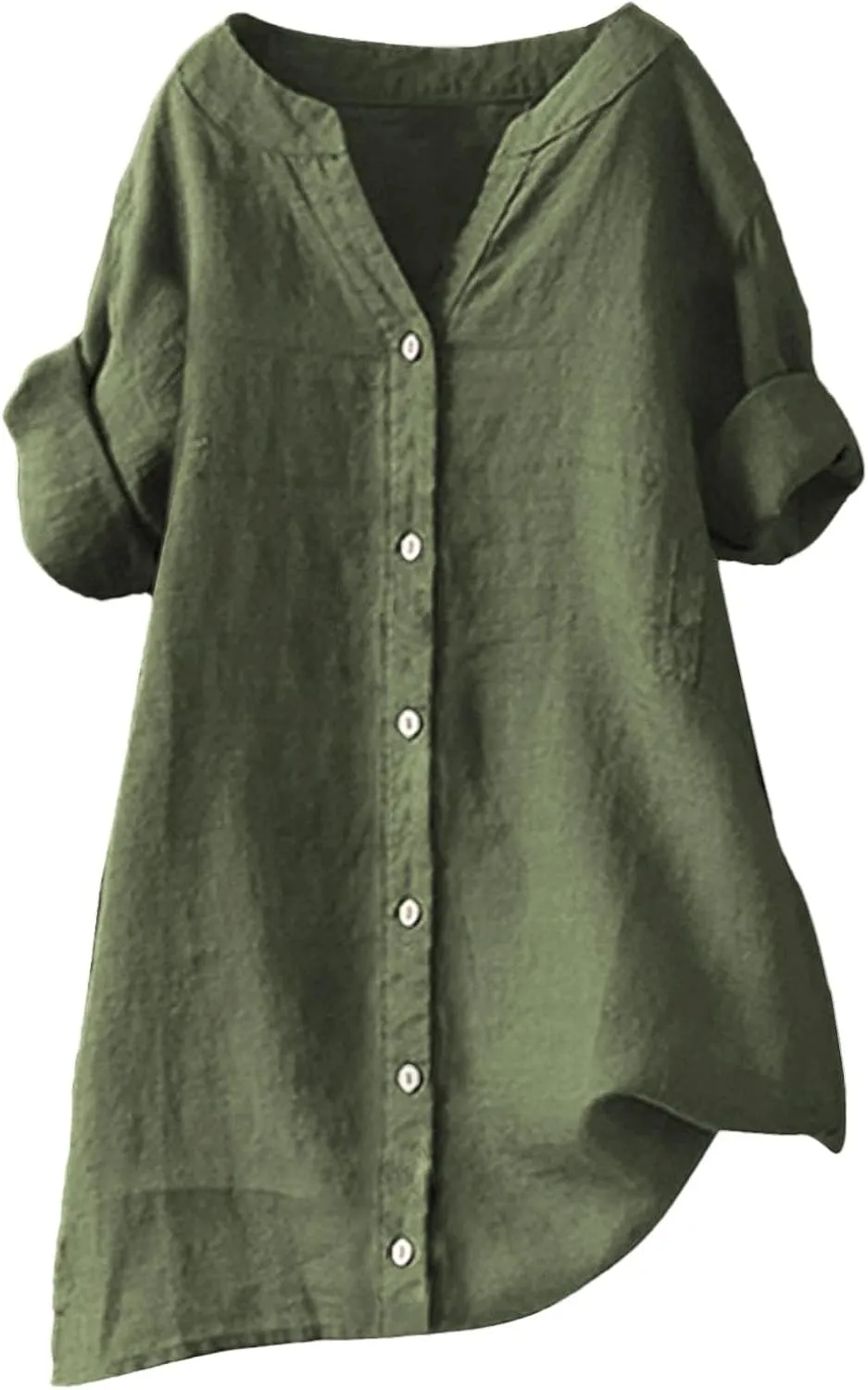 Cotton Linen Shirt for Women Short Sleeve V Neck Solid Trendy Button Decor Blouse Casual Vacation Summer Oversize Top