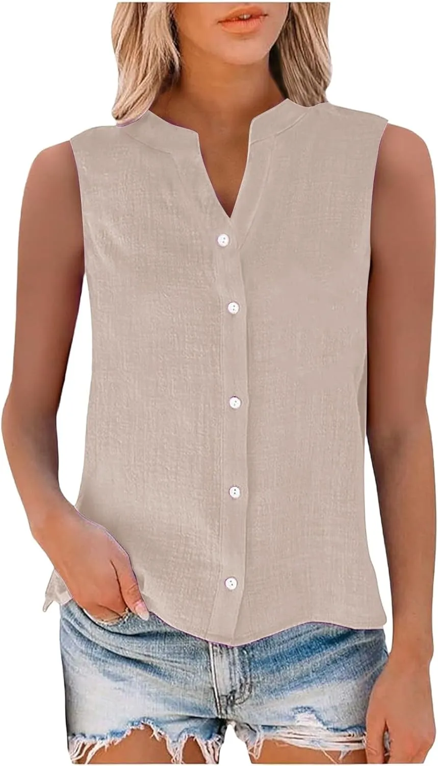 Cotton Linen Shirt for Women Short Sleeve V Neck Solid Trendy Button Decor Blouse Casual Vacation Summer Oversize Top