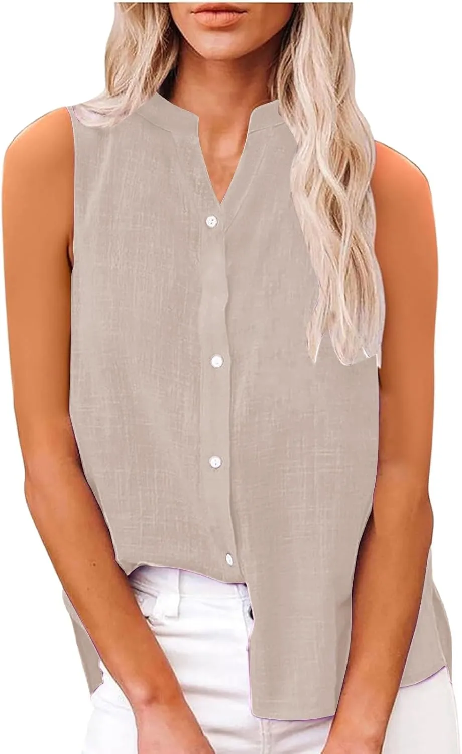 Cotton Linen Shirt for Women Short Sleeve V Neck Solid Trendy Button Decor Blouse Casual Vacation Summer Oversize Top