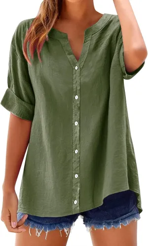 Cotton Linen Shirt for Women Short Sleeve V Neck Solid Trendy Button Decor Blouse Casual Vacation Summer Oversize Top
