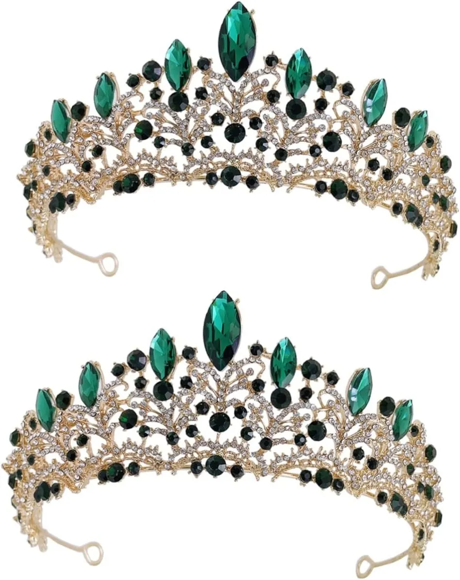 Crown Hair Accessory Hair Accessories for Bride Crystal Hair Accessories Bride Accessories Luxurious Headgear Red, Rhinestone Wedding Hair Accessories(Green,18X18CM) (Greenx2pcs 18