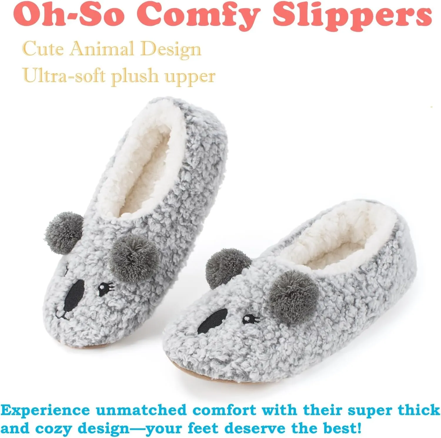 Cute Slippers for Women & Kids, Fuzzy Animal Slipper Socks with Non-slip Soles, Unique Funny Gifts