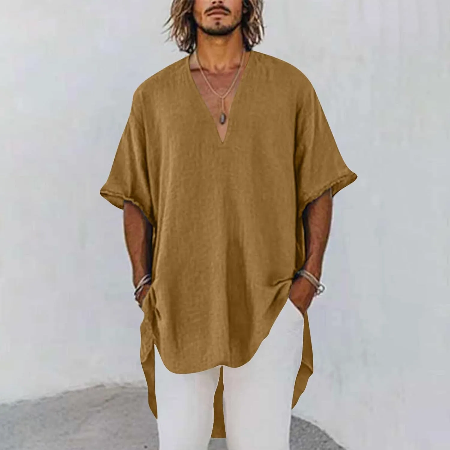 Deep V Cotton Linen Shirts for Men 2025 Summer Tops Loose Short Sleeve T Shirt Casual Oversized Beach Tee Shirts