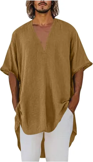 Deep V Cotton Linen Shirts for Men 2025 Summer Tops Loose Short Sleeve T Shirt Casual Oversized Beach Tee Shirts