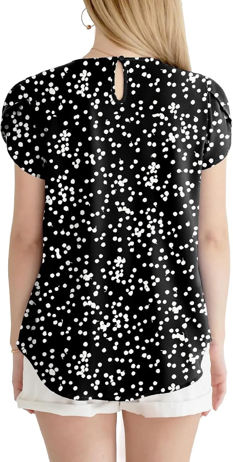 Dokotoo Women's Casual Round Neck Basic Pleated Tops Short Sleeve Loose Fit Curved Keyhole Back Chiffon Blouses Tshirts