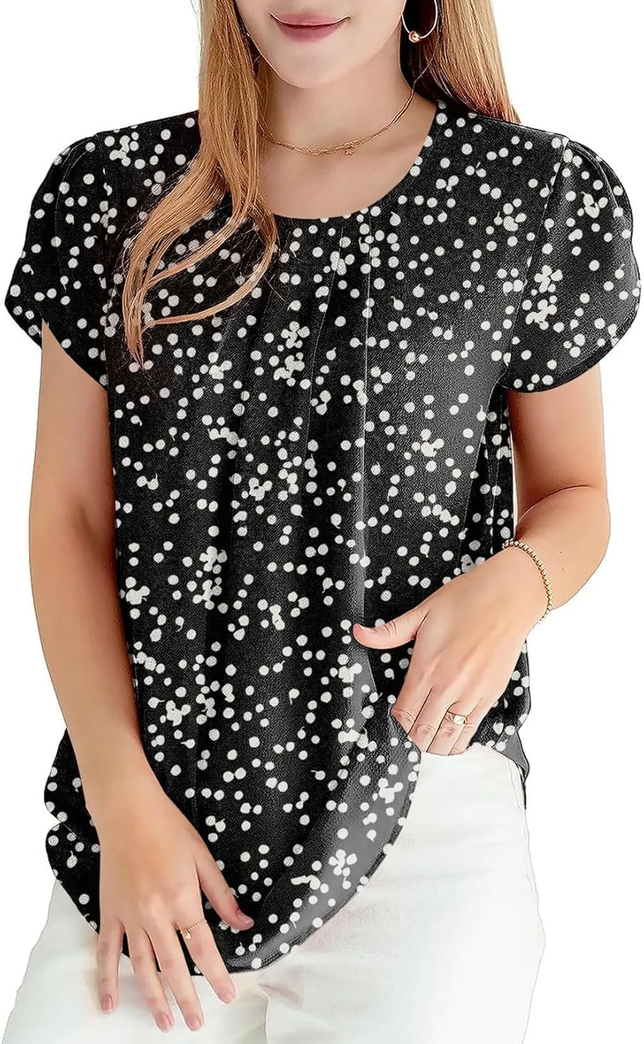 Dokotoo Women's Casual Round Neck Basic Pleated Tops Short Sleeve Loose Fit Curved Keyhole Back Chiffon Blouses Tshirts