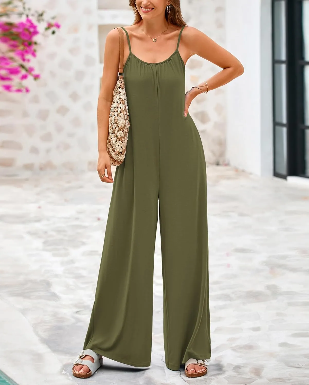 dowerme Women's Summer Clothes Casual One Piece Jumpsuits 2025 Spaghetti Strap Loose Wide Leg Pant Rompers Beach Outfits