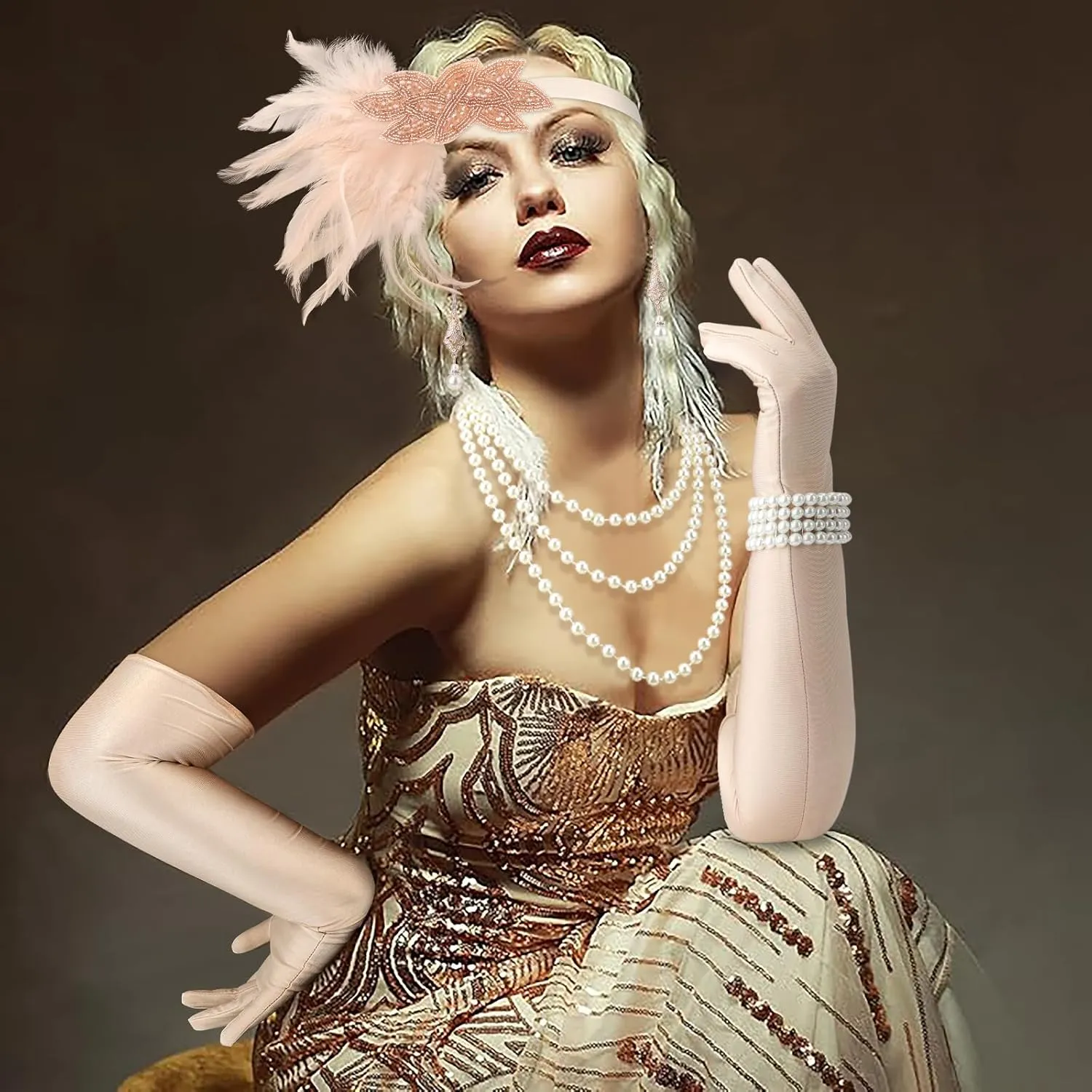 DRESHOW 1920s Great Gatsby Accessories Set for Women Flapper Costume Accessories Feather Headband Roaring 20s Accessories Set