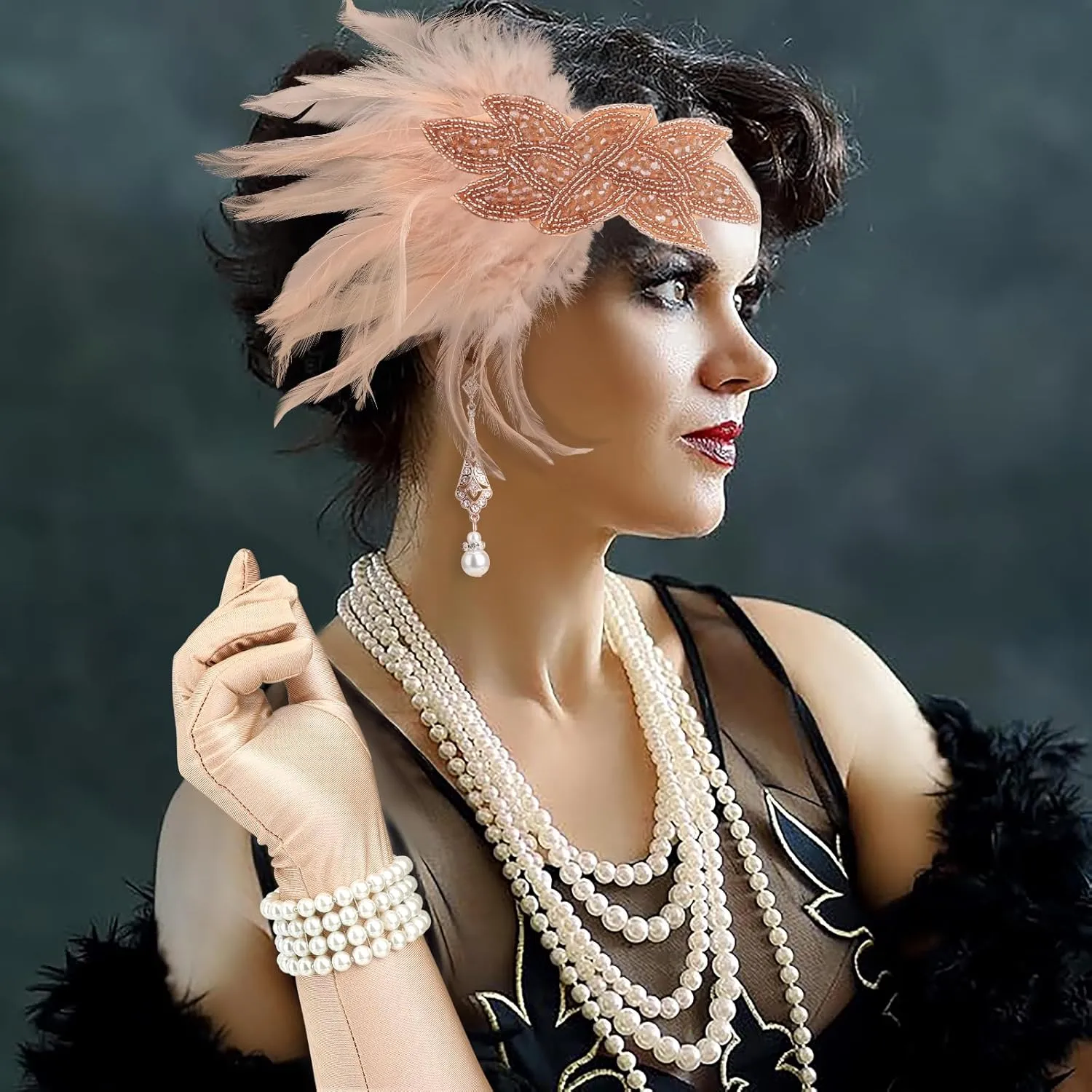 DRESHOW 1920s Great Gatsby Accessories Set for Women Flapper Costume Accessories Feather Headband Roaring 20s Accessories Set