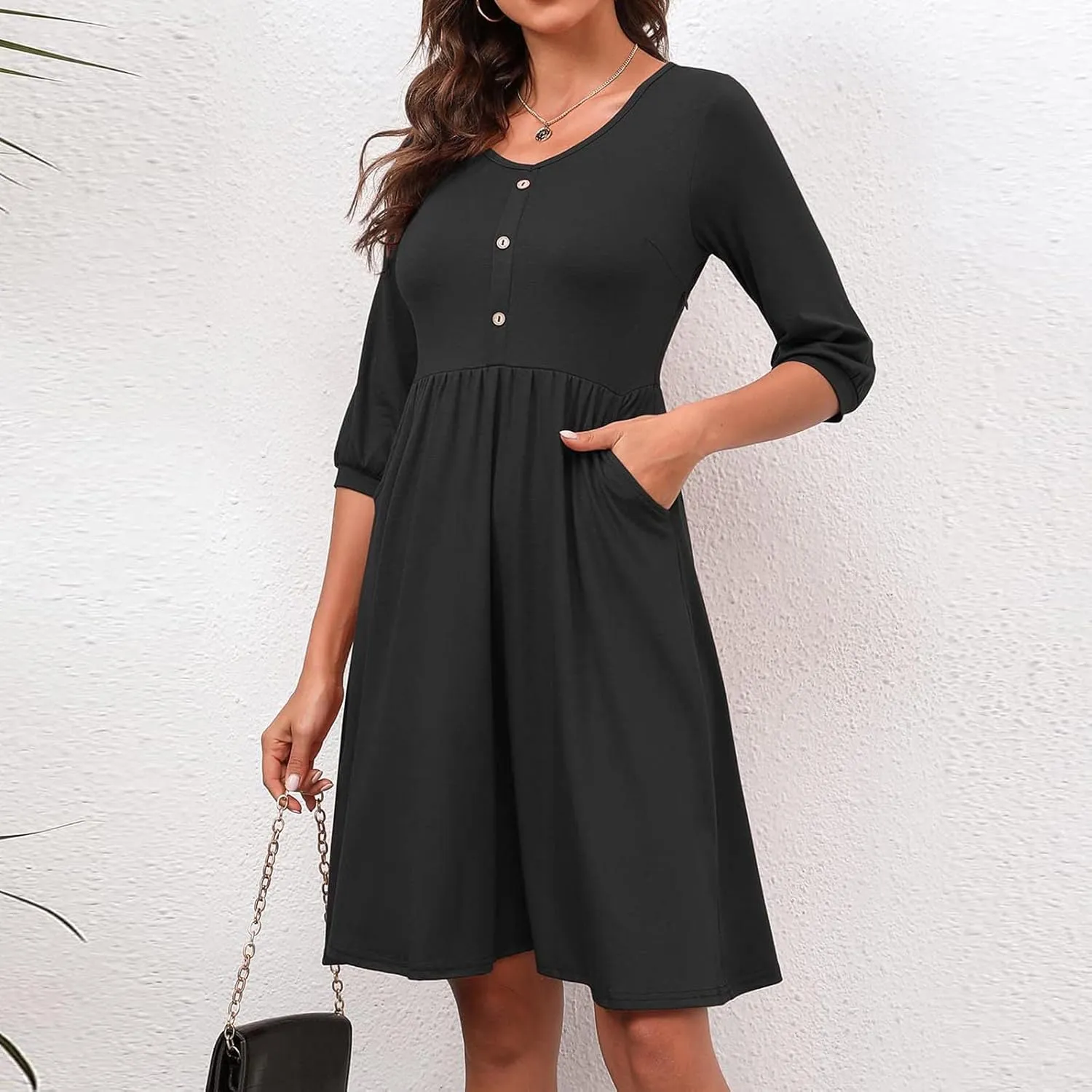 Dresses for Women Fall Casual V-Neck Button Down Pleated Dress with Pockets Outdoor Vacation Beach Bodycon Mini Dress