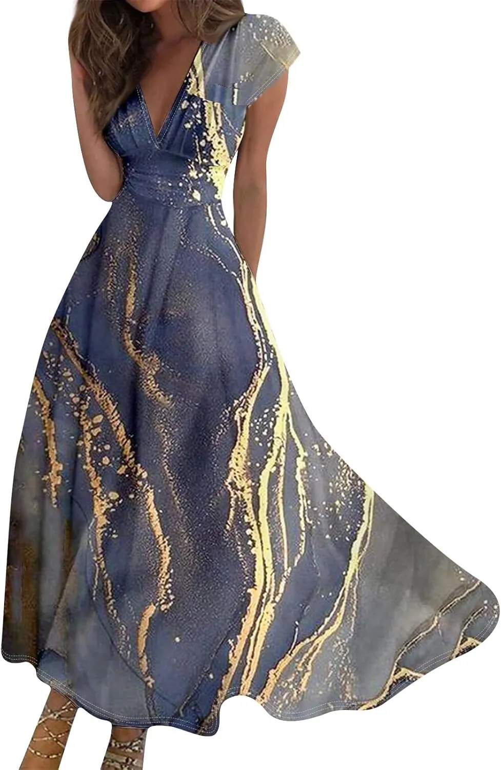 Easter Dresses for Women 2025 Short Sleeve Flower Swing Dress Sexy Deep V Neck Flowy Maxi Dress Boho Frocks