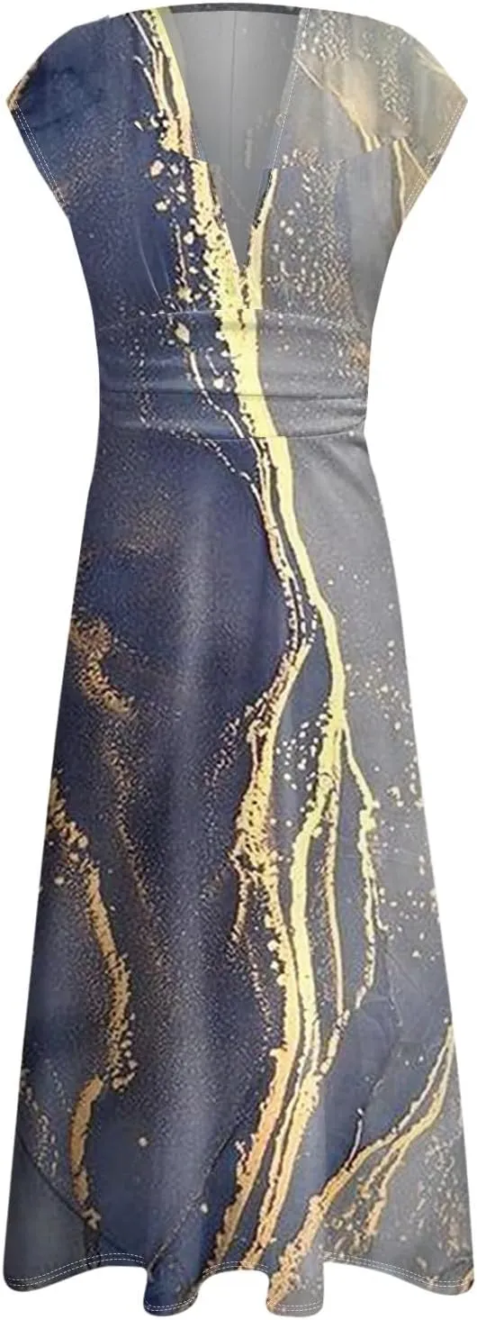 Easter Dresses for Women 2025 Short Sleeve Flower Swing Dress Sexy Deep V Neck Flowy Maxi Dress Boho Frocks