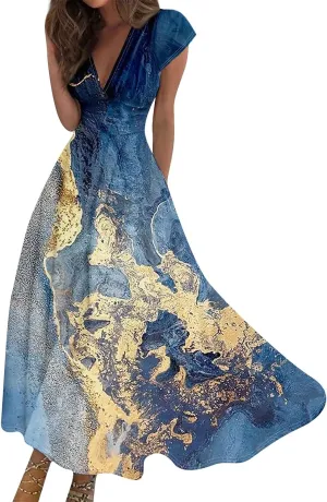 Easter Dresses for Women 2025 Short Sleeve Flower Swing Dress Sexy Deep V Neck Flowy Maxi Dress Boho Frocks