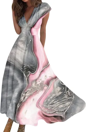 Easter Dresses for Women 2025 Short Sleeve Flower Swing Dress Sexy Deep V Neck Flowy Maxi Dress Boho Frocks