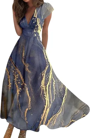 Easter Dresses for Women 2025 Short Sleeve Flower Swing Dress Sexy Deep V Neck Flowy Maxi Dress Boho Frocks