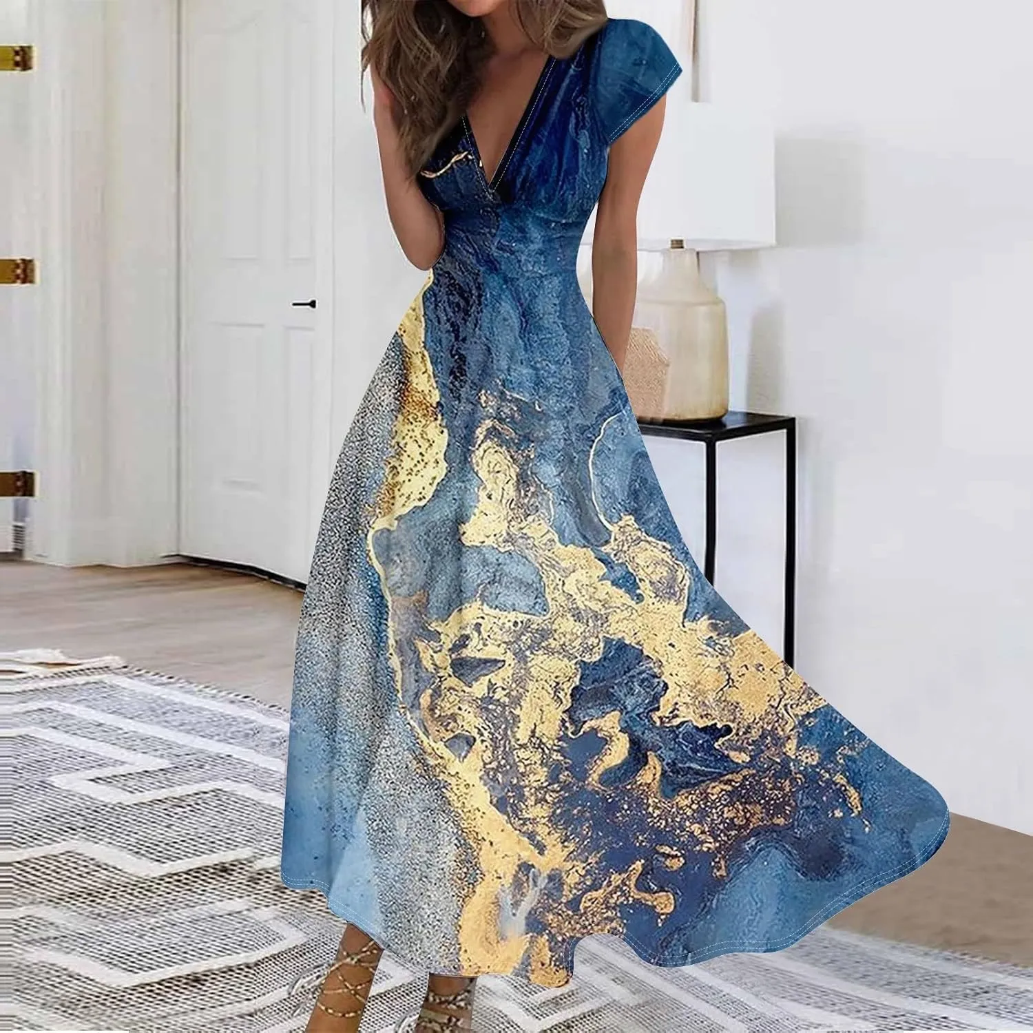 Easter Dresses for Women 2025 Short Sleeve Flower Swing Dress Sexy Deep V Neck Flowy Maxi Dress Boho Frocks