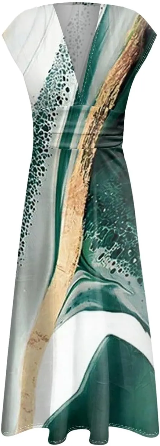 Easter Dresses for Women 2025 Short Sleeve Flower Swing Dress Sexy Deep V Neck Flowy Maxi Dress Boho Frocks