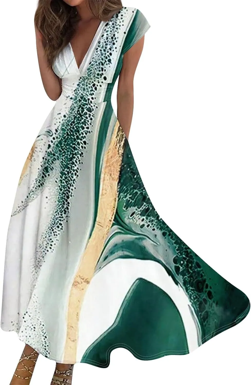 Easter Dresses for Women 2025 Short Sleeve Flower Swing Dress Sexy Deep V Neck Flowy Maxi Dress Boho Frocks