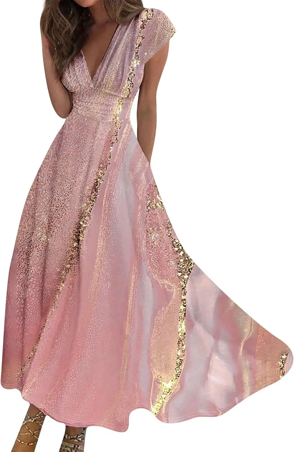 Easter Dresses for Women 2025 Short Sleeve Flower Swing Dress Sexy Deep V Neck Flowy Maxi Dress Boho Frocks