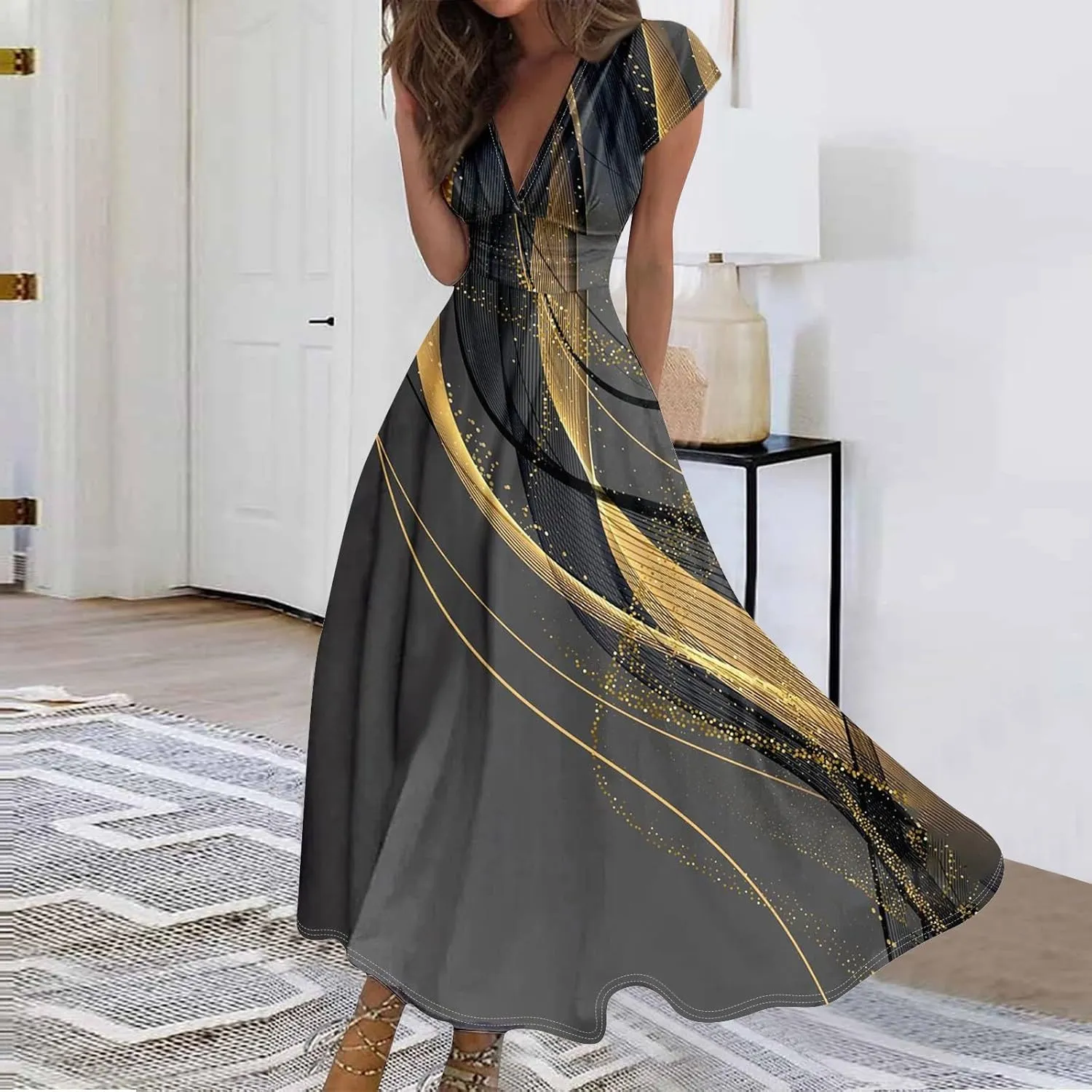 Easter Dresses for Women 2025 Short Sleeve Flower Swing Dress Sexy Deep V Neck Flowy Maxi Dress Boho Frocks
