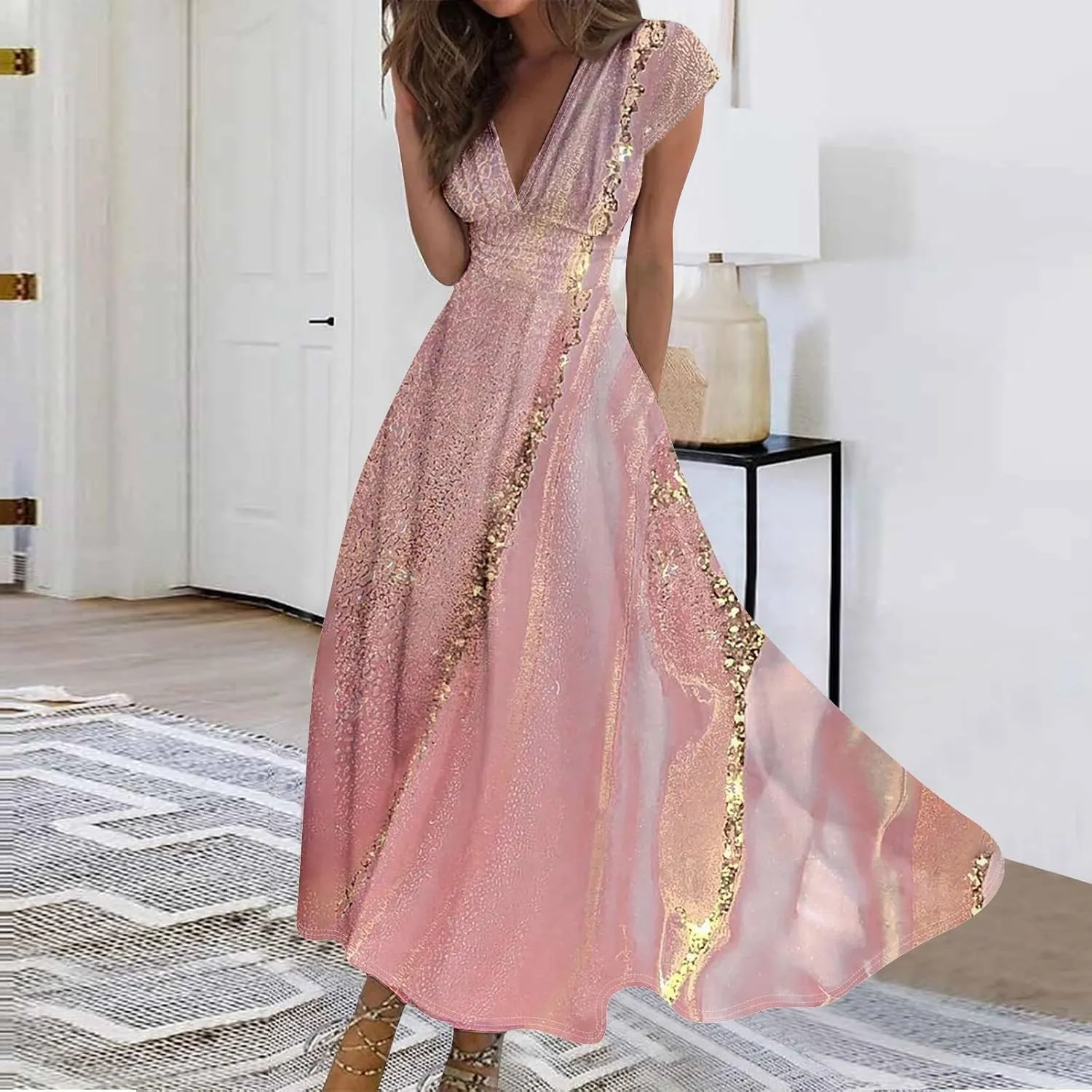 Easter Dresses for Women 2025 Short Sleeve Flower Swing Dress Sexy Deep V Neck Flowy Maxi Dress Boho Frocks