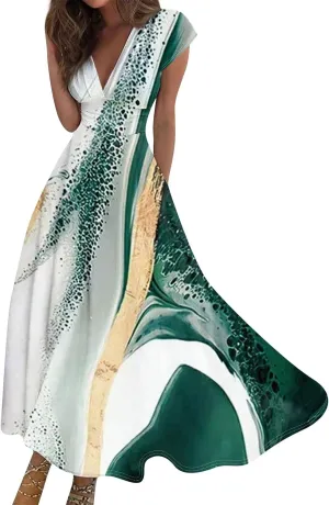 Easter Dresses for Women 2025 Short Sleeve Flower Swing Dress Sexy Deep V Neck Flowy Maxi Dress Boho Frocks