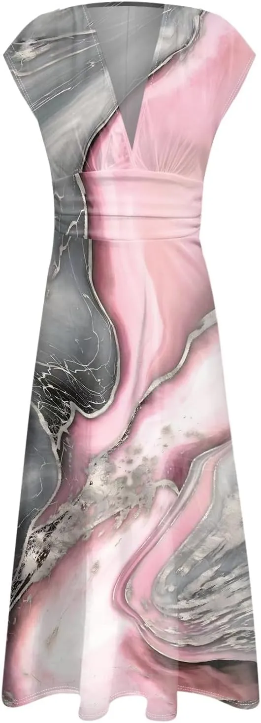 Easter Dresses for Women 2025 Short Sleeve Flower Swing Dress Sexy Deep V Neck Flowy Maxi Dress Boho Frocks