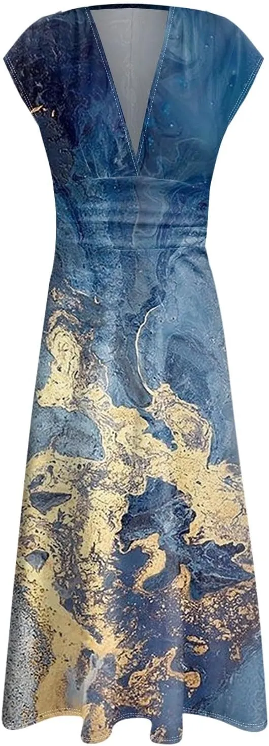Easter Dresses for Women 2025 Short Sleeve Flower Swing Dress Sexy Deep V Neck Flowy Maxi Dress Boho Frocks