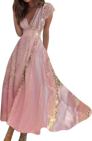 Easter Dresses for Women 2025 Short Sleeve Flower Swing Dress Sexy Deep V Neck Flowy Maxi Dress Boho Frocks