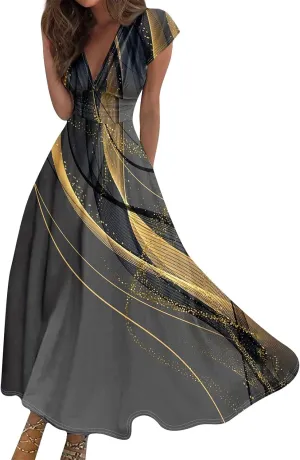 Easter Dresses for Women 2025 Short Sleeve Flower Swing Dress Sexy Deep V Neck Flowy Maxi Dress Boho Frocks